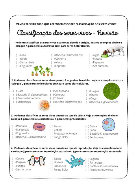 Atividades de revisão classificação dos seres vivos e taxonomia Tá