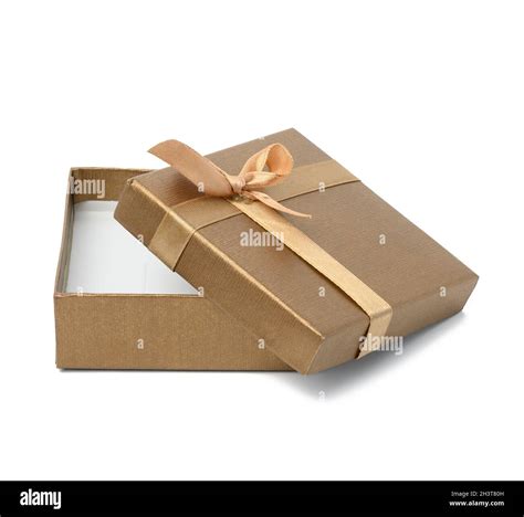 Square Brown Cardboard Box With Removable Lid And Silk Bow Isolated On