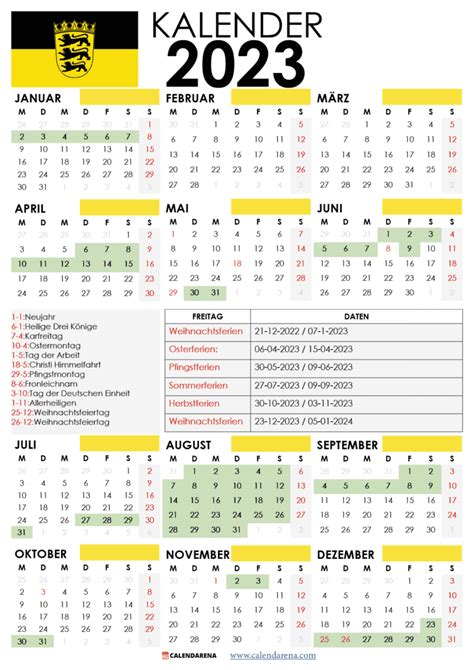 Kalender 2023 Baden-Württemberg Mit Ferien + Feiertage