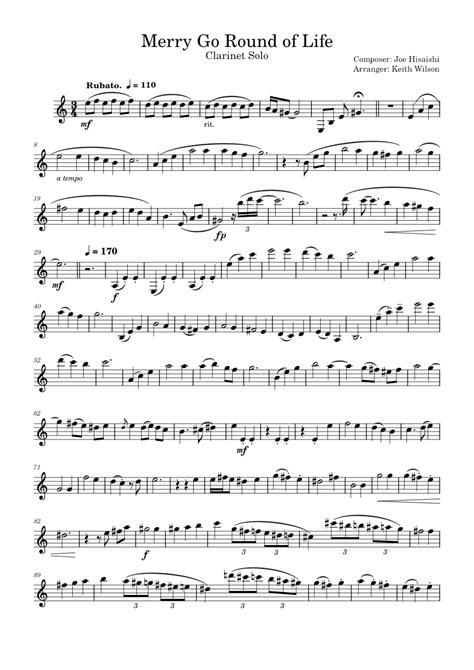 Merry Go Round Of Life Joe Hisaishi Sheet Music For Clarinet In B