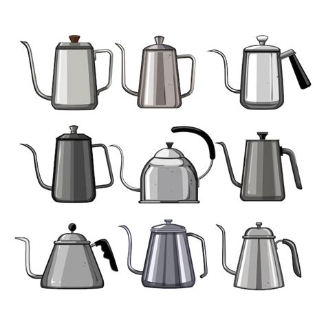 Premium Vector Steel Drip Kettle Set Cartoon Kitchen Teapot Cup Metal