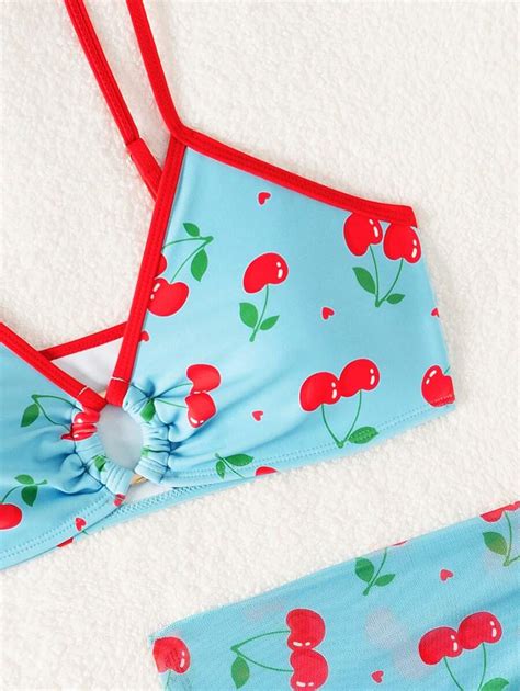 Teen Girls Cherry Print Bikini Set With Beach Skirt Summer Beach SHEIN EUR