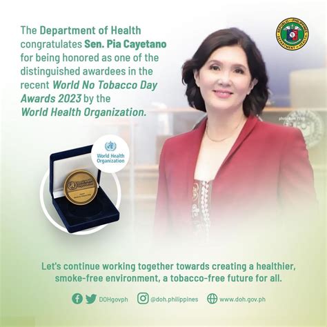 Senator Pia Cayetano received award from World Health Organization on "2023 World No Tobacco Day ...