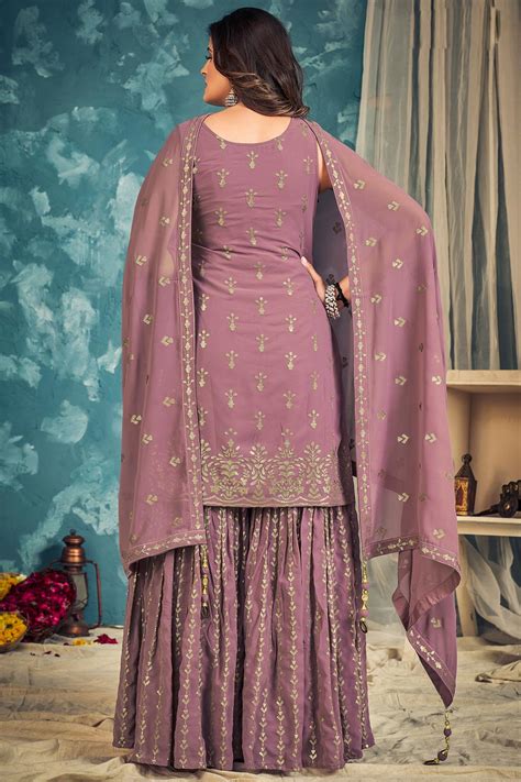 Buy Mauve Georgette Embroidered Sharara Kurta Set Online Like A Diva