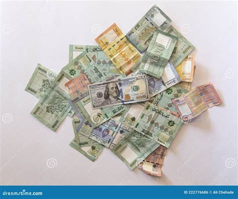 Lebanese Lira Currency Bills With 100 USD Dollars Stock Photo Image