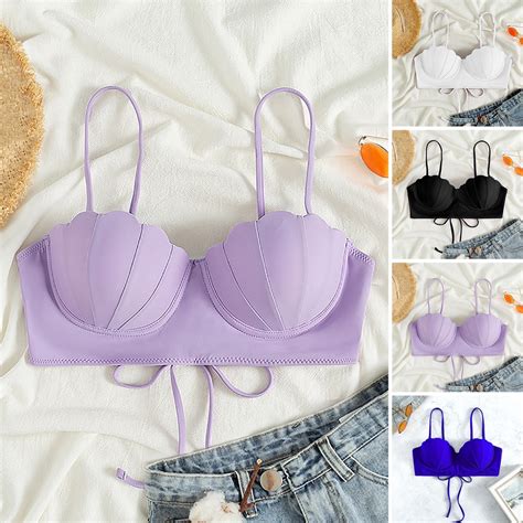 Pms Women Bikini Bra Push Up Padded With Wire Spaghetti Strap Solid Color Swimming Seashell