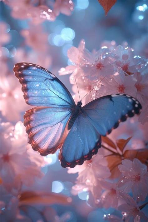 Blue Butterfly On Pink Flowers