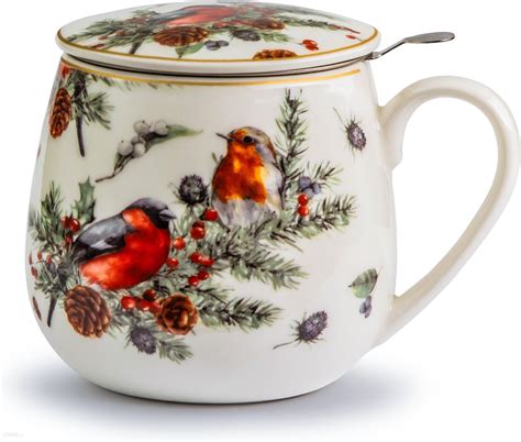 Duo Kubek Porcelanowy Z Zaparzaczem I Pokrywką Christmas Birds 430 Ml