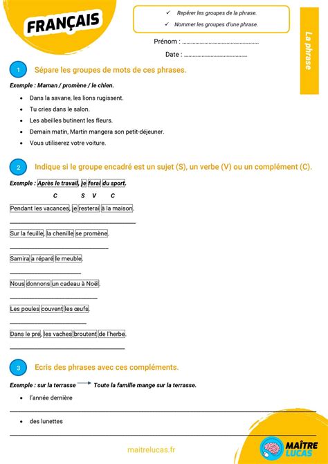 Exercices Sujet Verbe Compl Ment Ce Cm Ma Tre Lucas