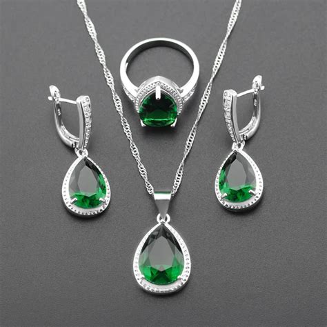 New Arrival Green Stone Bridal Jewelry Set For Women Silver Color