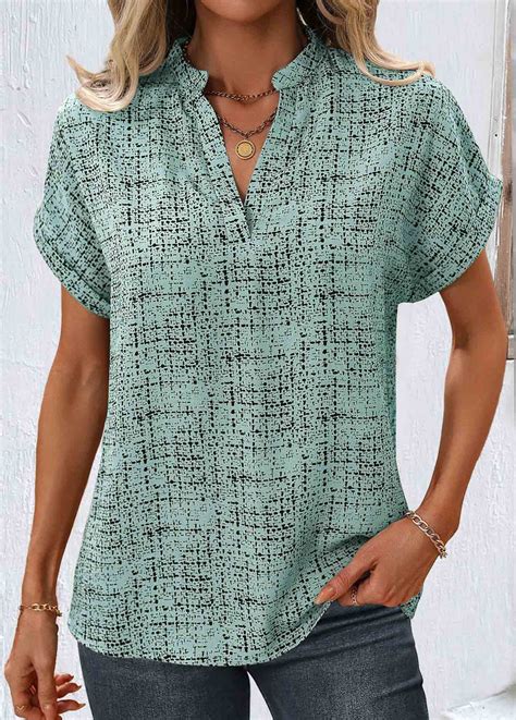 Rotita Split Geometric Print Sage Green Short Sleeve Blouse Rotita