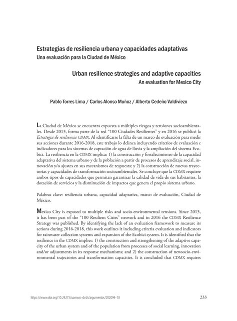 Pdf Estrategias De Resiliencia Urbana Y Capacidades Adaptativas Una Evaluación Para La Ciudad