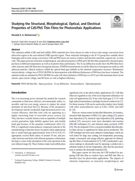 Studying The Structural Morphological Optical And Electrical