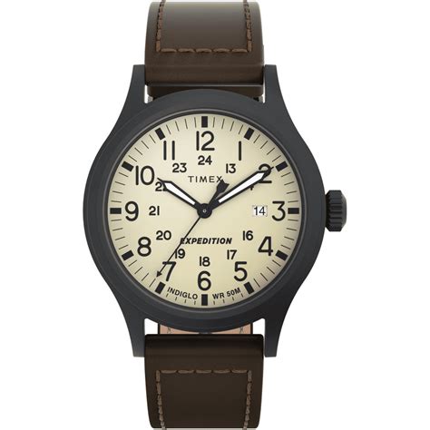 Timex Timex Men S Expedition Scout 40mm Watch Cream Dial Black Case And Brown Leather Strap