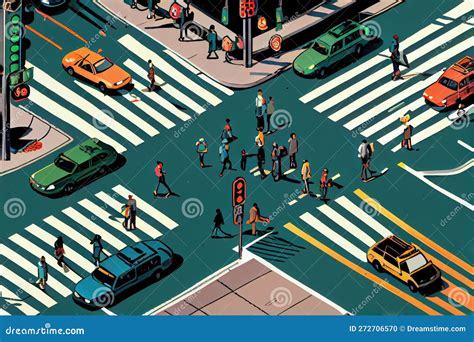 Busy Intersection With Traffic Lights And Pedestrians Crossing The