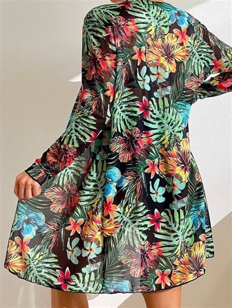 Тропически дамски бански с плажно кимоно Tropical Criss Cross Push Up Bikini Swimsuit With