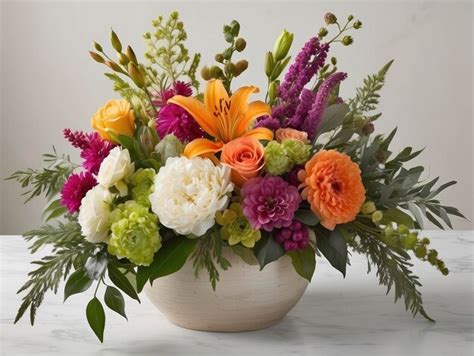 Um Vaso Cheio De Flores De Cores Diferentes Em Cima De Uma Mesa Foto