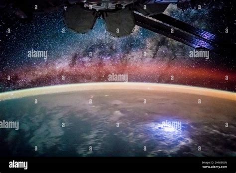 Milky Way And Lightning Strike On Earth ISS Image Stock Photo Alamy