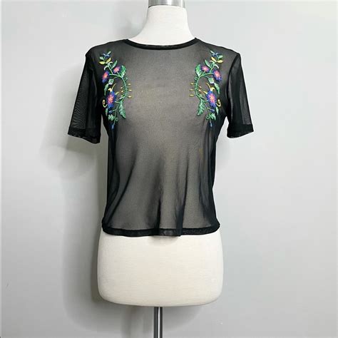 Zara Trafaluc Floral Embroidered Sheer Mesh Short Sle Gem