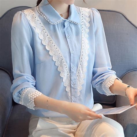 Buy 2017 Autumn Long Sleeve Lace Patchwork Chiffon