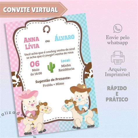 Convite Digital Chá Revelação Country Elo7 Produtos Especiais