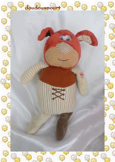 Doudou Peluche Chien Simpleton Orange Marron Rayures Beige Ecru Les