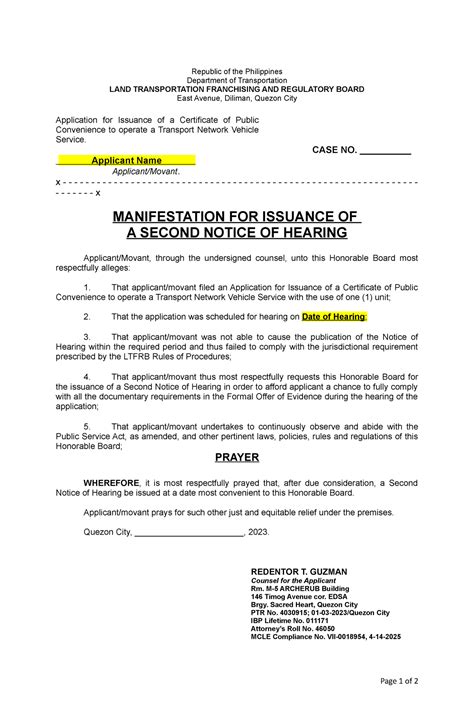 Manifestation For Issuance Of Second Notice TNVS Republic Of The