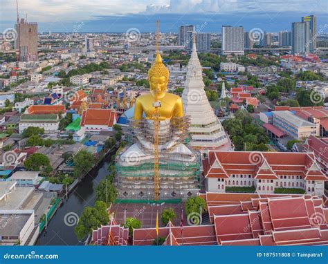 Aerial View Of The Giant Golden Buddha In Wat Paknam Phasi Charoen