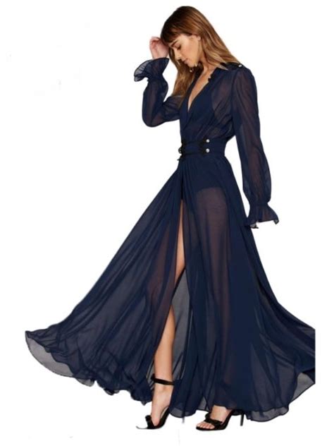 Solid Blue Deep V Neck Long Sleeve Front Split A Line Ruffle Sheer Elegant Maxi Dress