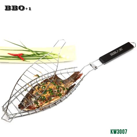 1 Pc High Quality Durable One Fish Grilling Basket W Black Wood Handle