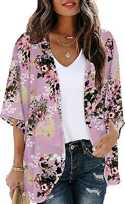 Chunoy Women Floral Print Lightweight Chiffon Kimono Cardigan Short