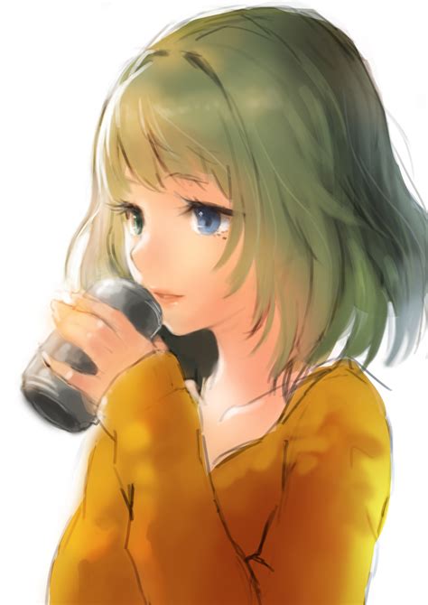 Safebooru 1girl Blue Eyes Brown Hair Can Collarbone Drinking Green