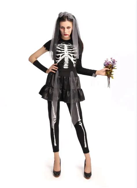 Adult Women Halloween Black Skull Ghost Bride Costumes Scary Skull