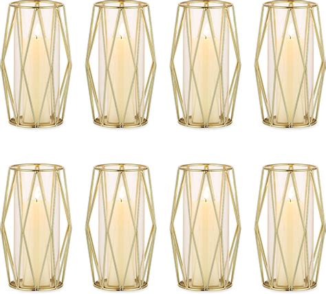 Nuptio Gold Pillar Candle Holder 8 Pcs Glass Hurricane Candles Holders With