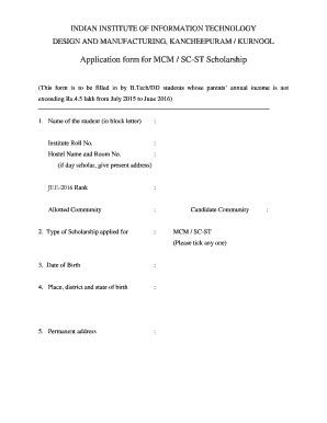 Fillable Online Application Form For Mcm Sc St Scholarship Iiitdm