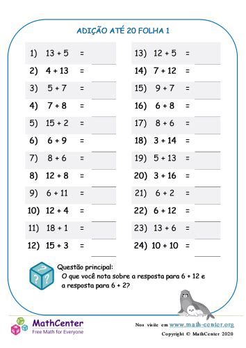 Adição Até 20 Folha 1 Planilhas Math Center