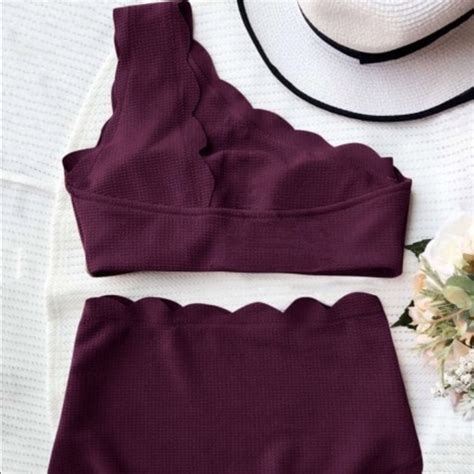 Swim One Shoulder Scalloped High Waisted Bikini Poshmark