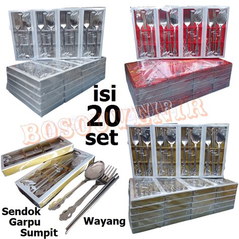 Jual Paket Isi 20 Set Sendok Garpu Sumpit Wayang Kemas Box Mika