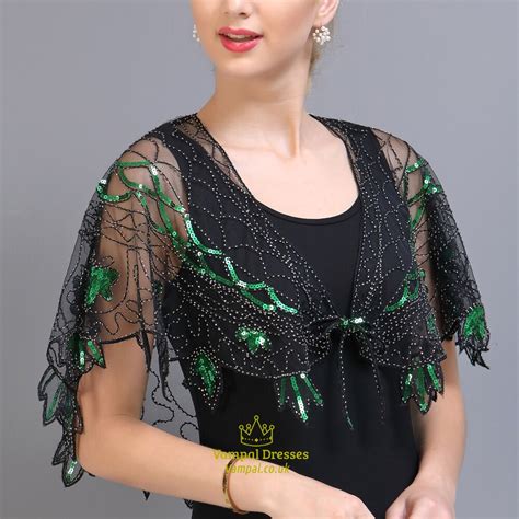 Black Gold S Shawl Wraps See Through Mesh Sequin Beaded Evening Cape