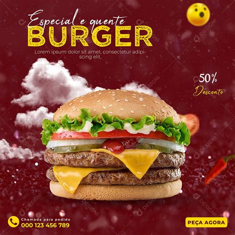 Social Media Especial e quente Burger 50 Desconto Hambúrgueria PSD