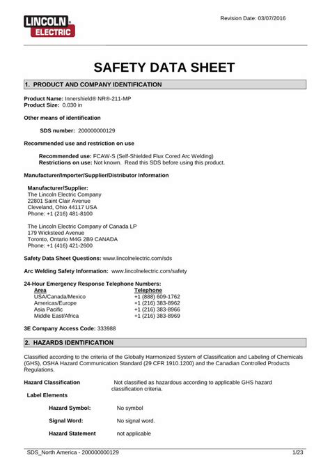 Pdf Material Safety Data Sheet Nr 211 Mp · Safety Data Sheet 1