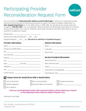 Fillable Online Participating Provider Reconsideration Request Form Fax