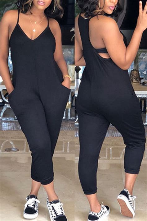 Lovelyfashion V Neck Pocket Design Black One Piece Jumpsuits Jumpsuits