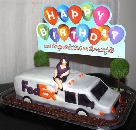 A Birthday Cake With A Woman Sitting On The Back Of A Fedex Truck And