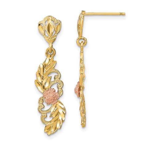 14K Two Tone D C Leaf And Flower Post Dangle Earrings Precious Accents