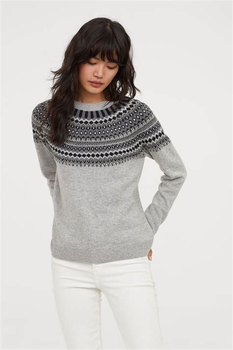 Jacquard Knit Sweater Light Gray Melangepatterned Ladies Handm Us