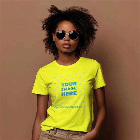 Woman Wearing Yellow T Shirt Mockup Front View Template