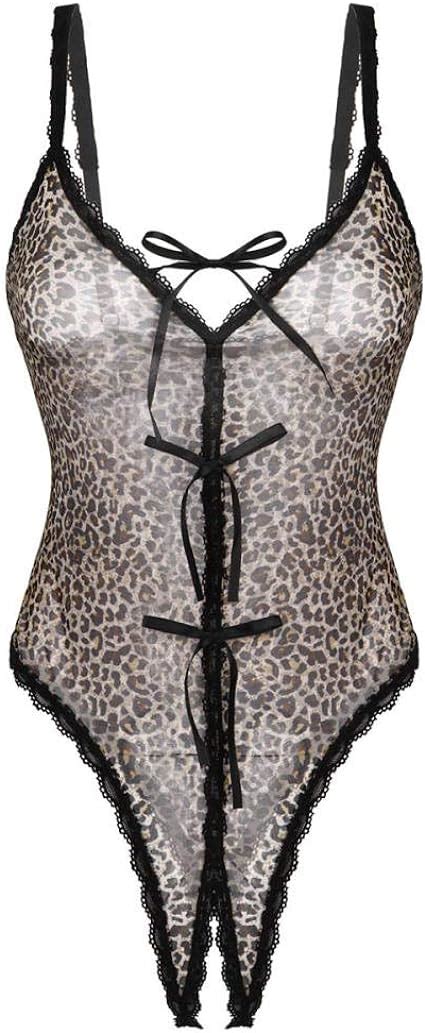 Fonxos Womens Leopard Teddie Bodysuits Straps V Neck Front Bowknot