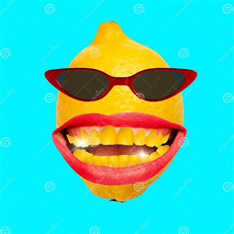 Funny Art Collage Concept Lemon Wearing Sunglasses With Red Lips Against Vivid Blue Background