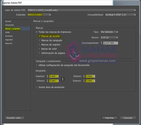 Exportar pdf desde adobe Imprenta Artes Graficas Mañas Imprenta